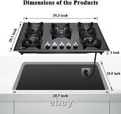 30 Inch Gas Cooktop 5 Burners Tempered Glass Cast Iron Grates Built-In Black