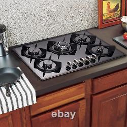 30 Inch Gas Cooktop 5 Burners Tempered Glass Cast Iron Grates Built-In Black