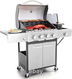 4-Burners Propane Gas BBQ Grill with Side Burner & Porcelain-Enameled Cast Iron