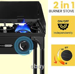 Double Burner Stove 150,000 Btu/Hr, Heavy Duty Outdoor Dual Propane with Windscr
